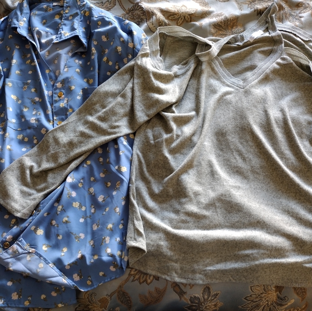 One Speed Limit M P H floral blouse & one 89th + Madison sweater top.